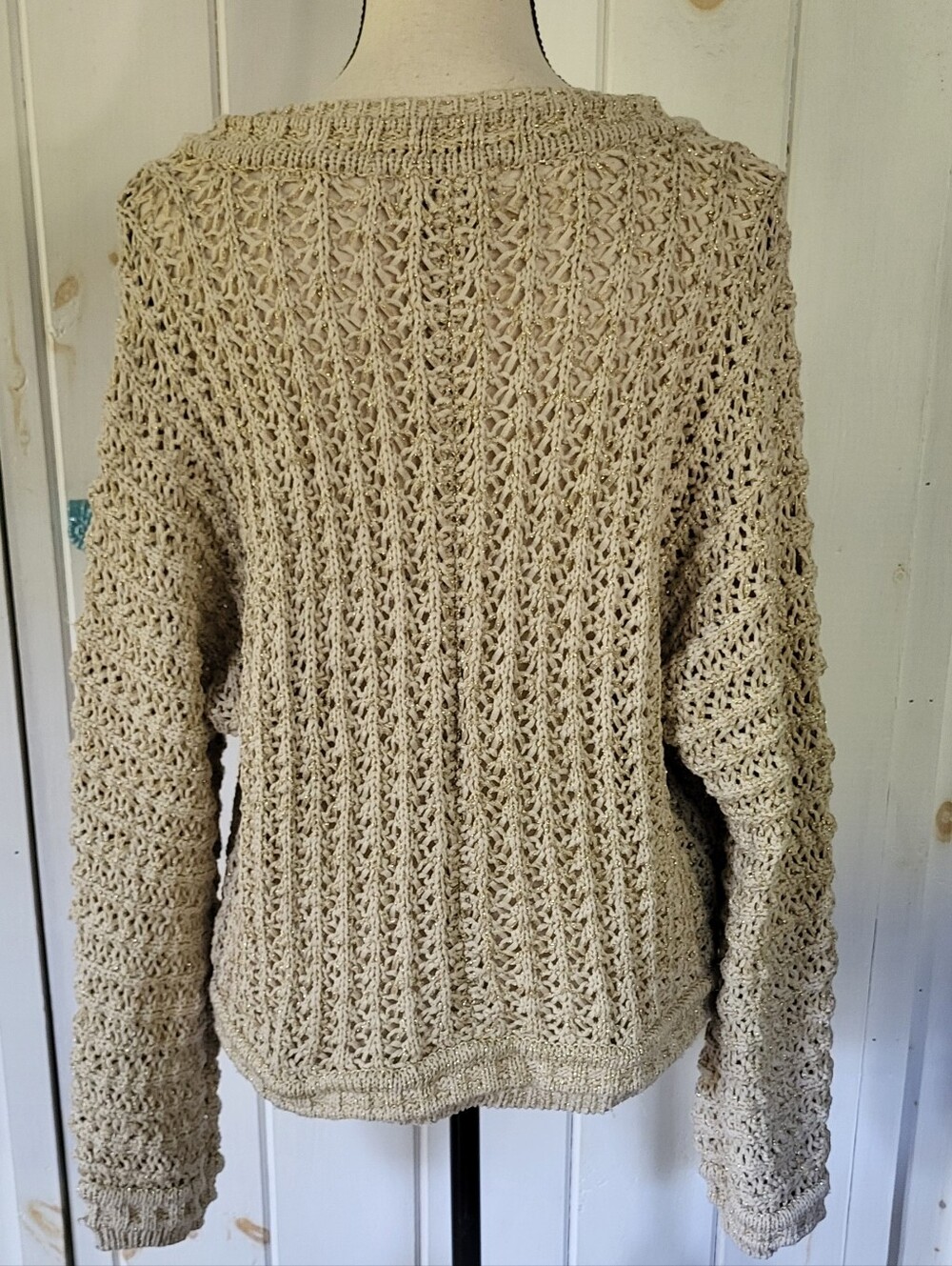 Rachel Zoe Chunky Loose Knit Nautral Metallic Thread Button Down Cardigan - Picture 3 of 9